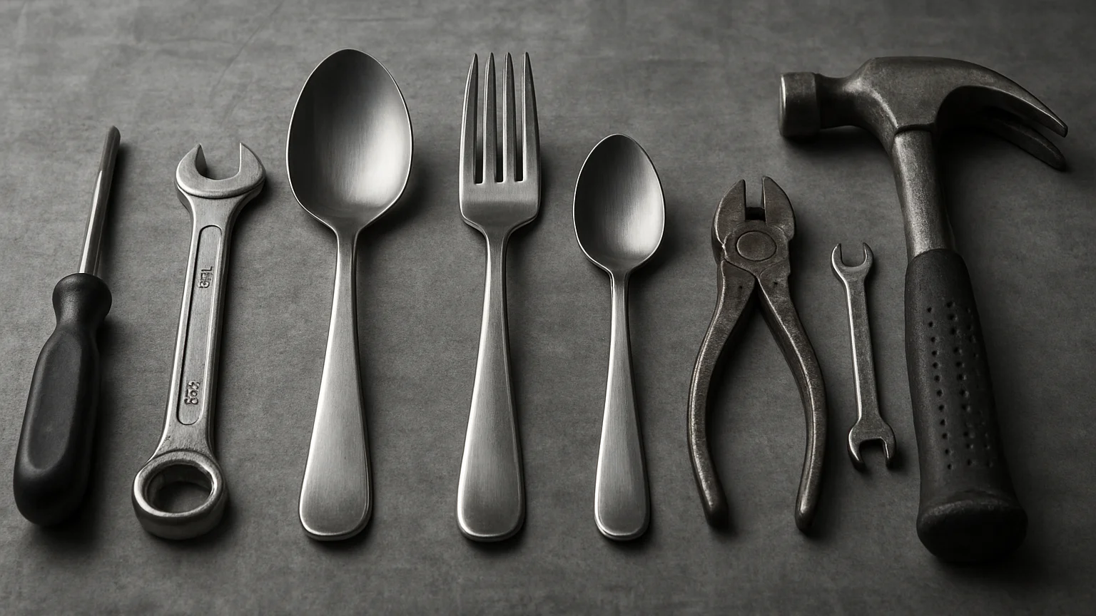 Industrial editorial photograph of finished steel cutlery and hand tools arranged in an orderly row, soft controlled stu
