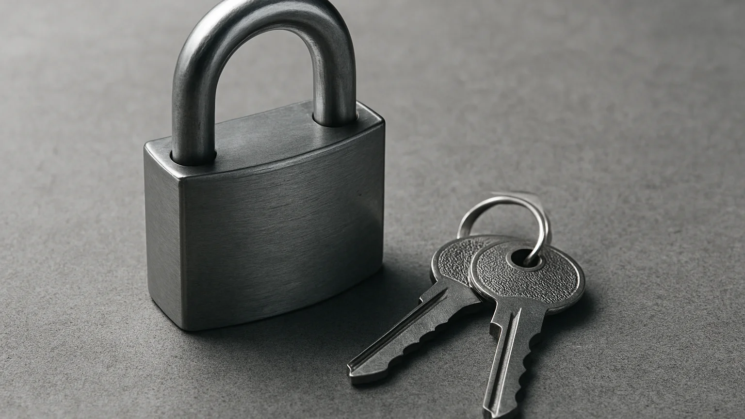 Industrial editorial close-up of a steel padlock and keys on a neutral surface, clean directional daylight, graphite ton