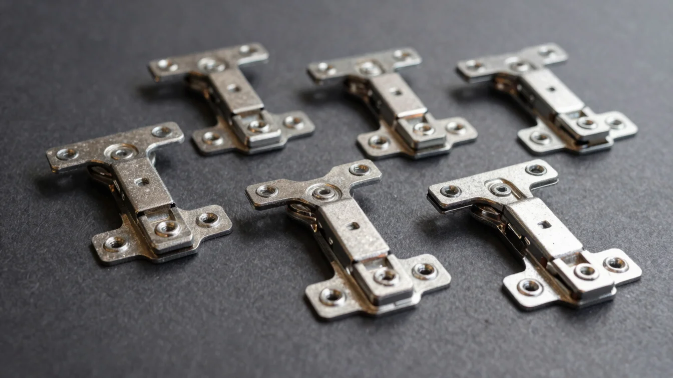 Industrial editorial close-up of steel hinges and fittings grouped on a charcoal background, directional daylight showin