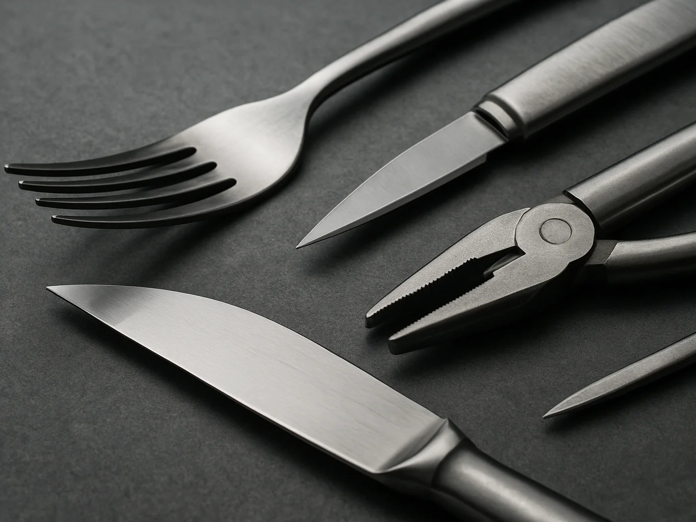 Close-up of polished cutlery blades and precision hand tool edges on a graphite surface, clean directional daylight, 50m