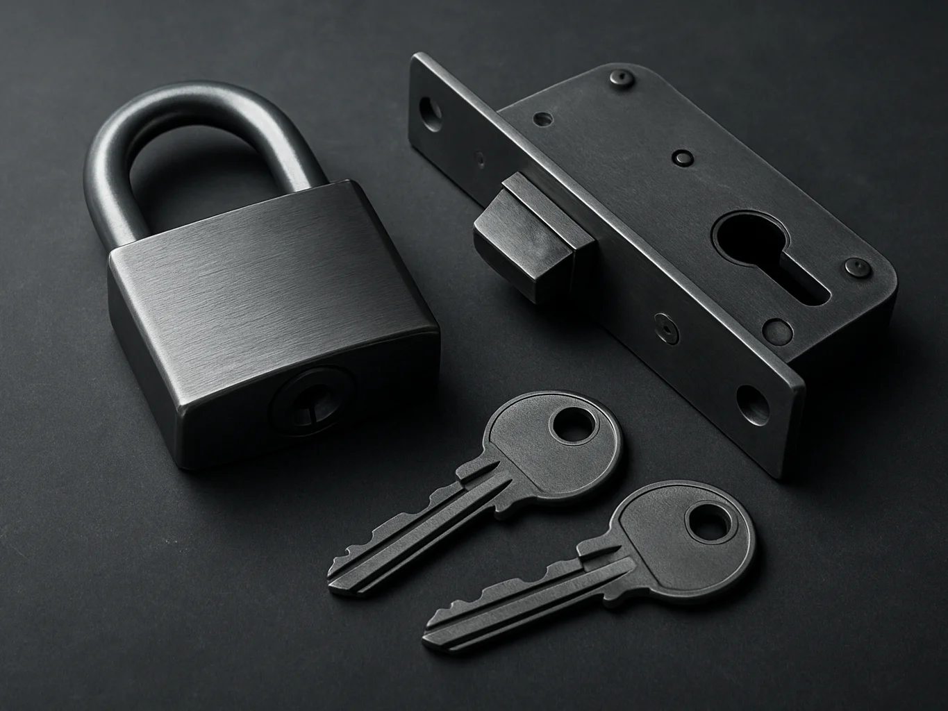 Steel padlock and mortise lockset with custom-profile keys arranged on a charcoal surface, soft controlled studio light,