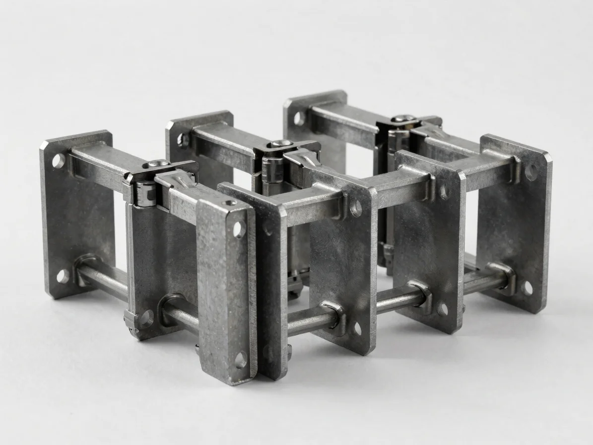 Structural steel hinges in a neat grouping on a neutral background, clean directional daylight showing milled bevels and