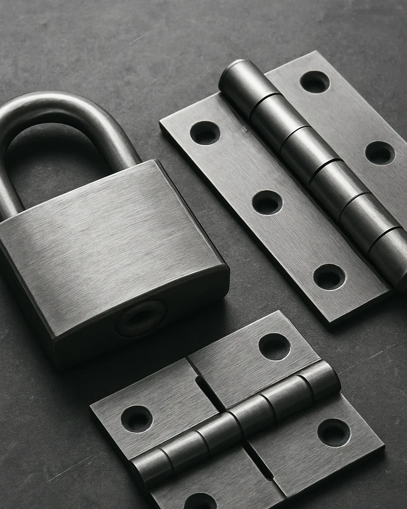Industrial editorial close-up of finished steel hinges and a padlock on a charcoal surface, clean directional daylight r